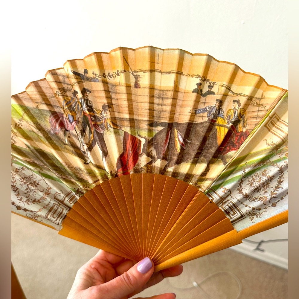 Authentic folding fan from Spain. Bullfight Matador scene. Cloth & wooden